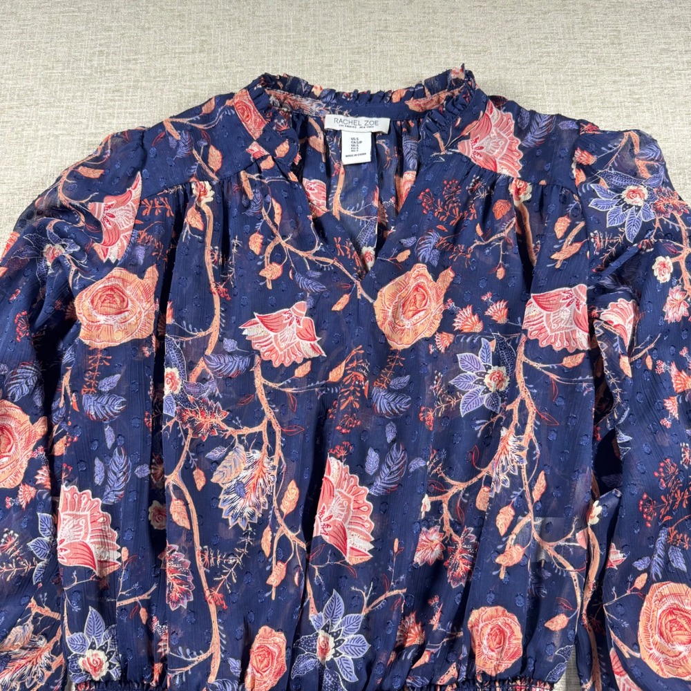 Rachel Zoe Navy Floral Clip Dot Blouse Smocked Waist V-Neck Top Small